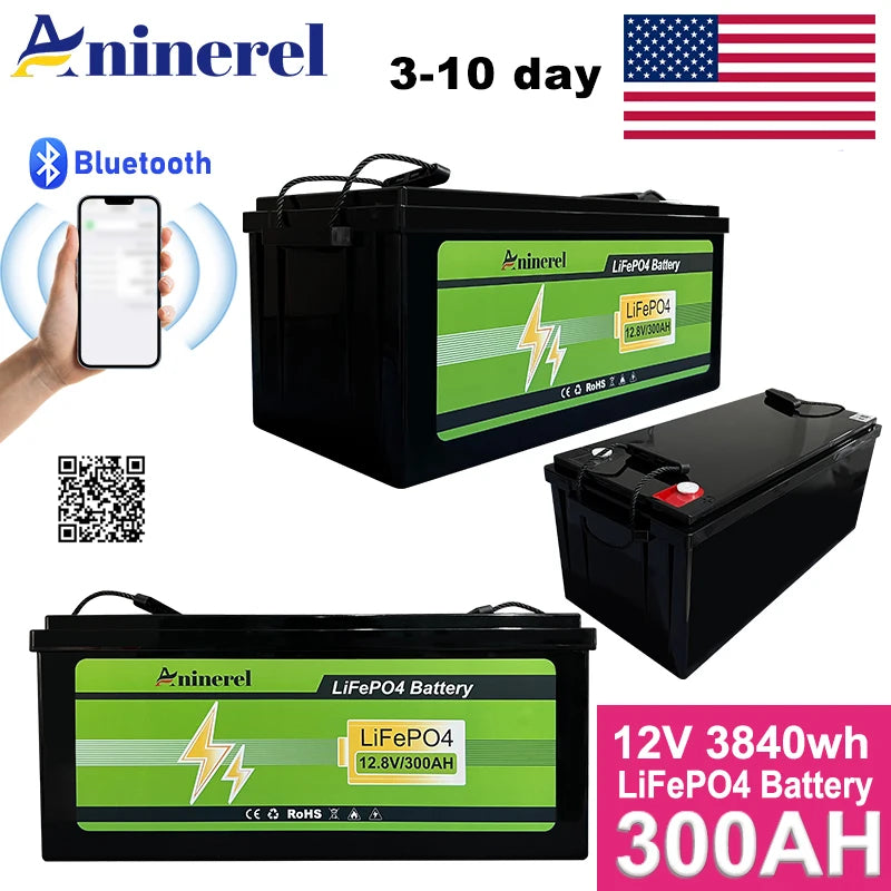 Aninerel 12V 300AH 3840Wh LiFePO4 Lithium Battery With 100A BMS Perfect for RV Golf Cart Solar Power System  Home