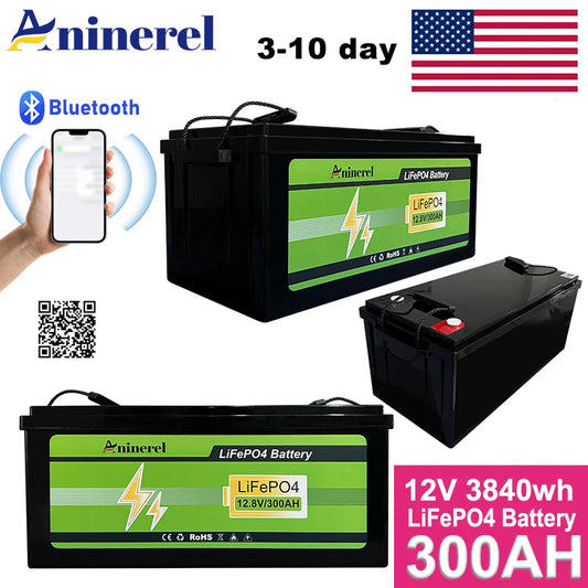 Aninerel 12V 300AH 3840Wh LiFePO4 Lithium Battery With 100A BMS Perfect for RV Golf Cart Solar Power System  Home