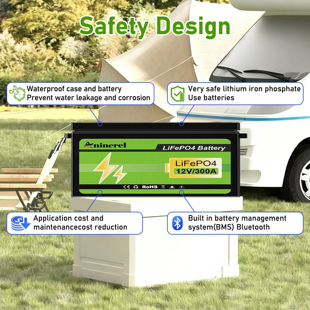 Aninerel 12V 300AH 3840Wh LiFePO4 Lithium Battery With 100A BMS Perfect for RV Golf Cart Solar Power System  Home