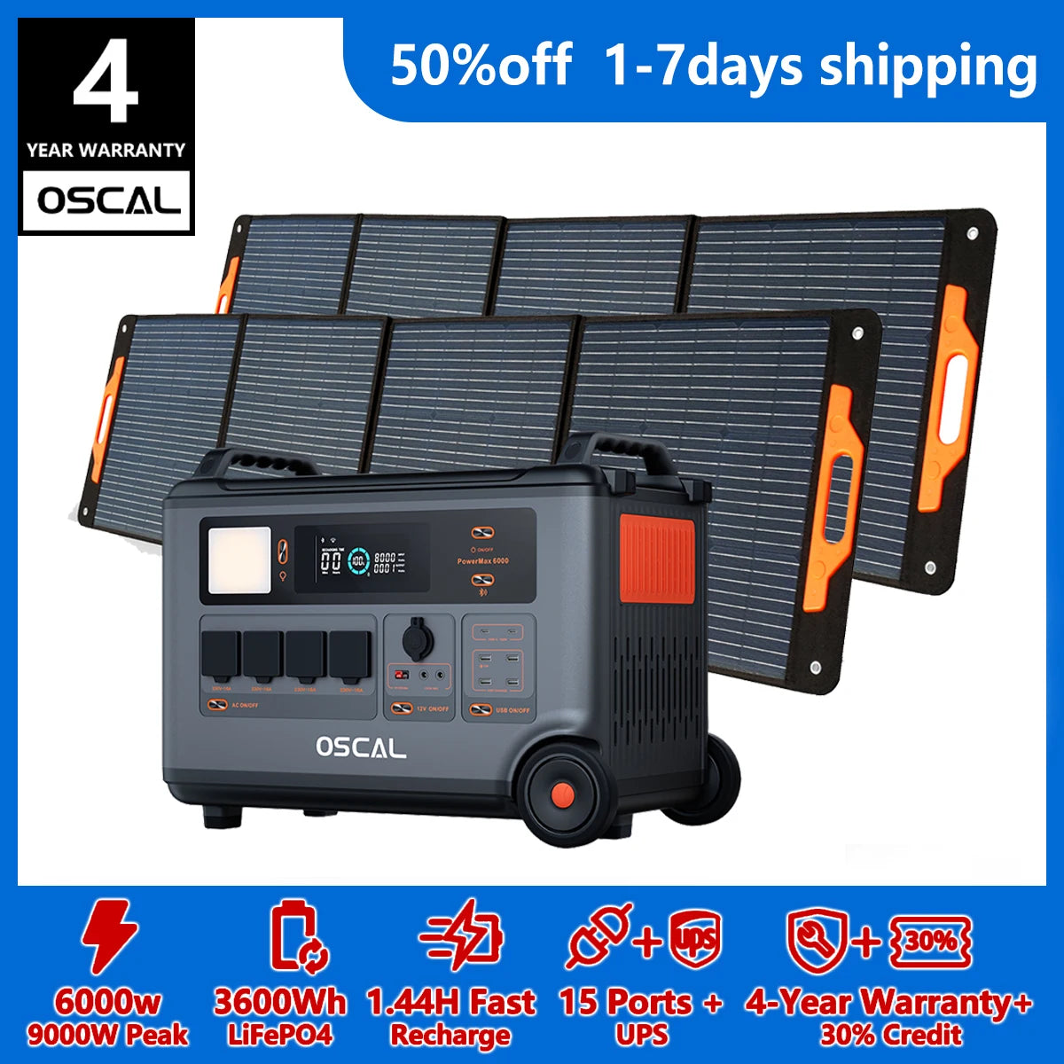 OSCAL PowerMax 6000 Whole Home Solar Generator, 3600Wh LiFePO4 | 6000W (9000W Surge) | 1.96 H Charge | DC/AC Bi-Directional Inverter | for Home Emergency, Outdoor Camping，Hurricane Backup