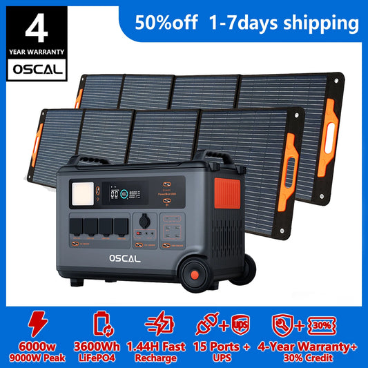 OSCAL PowerMax 6000 Whole Home Solar Generator, 3600Wh LiFePO4 | 6000W (9000W Surge) | 1.96 H Charge | DC/AC Bi-Directional Inverter | for Home Emergency, Outdoor Camping，Hurricane Backup