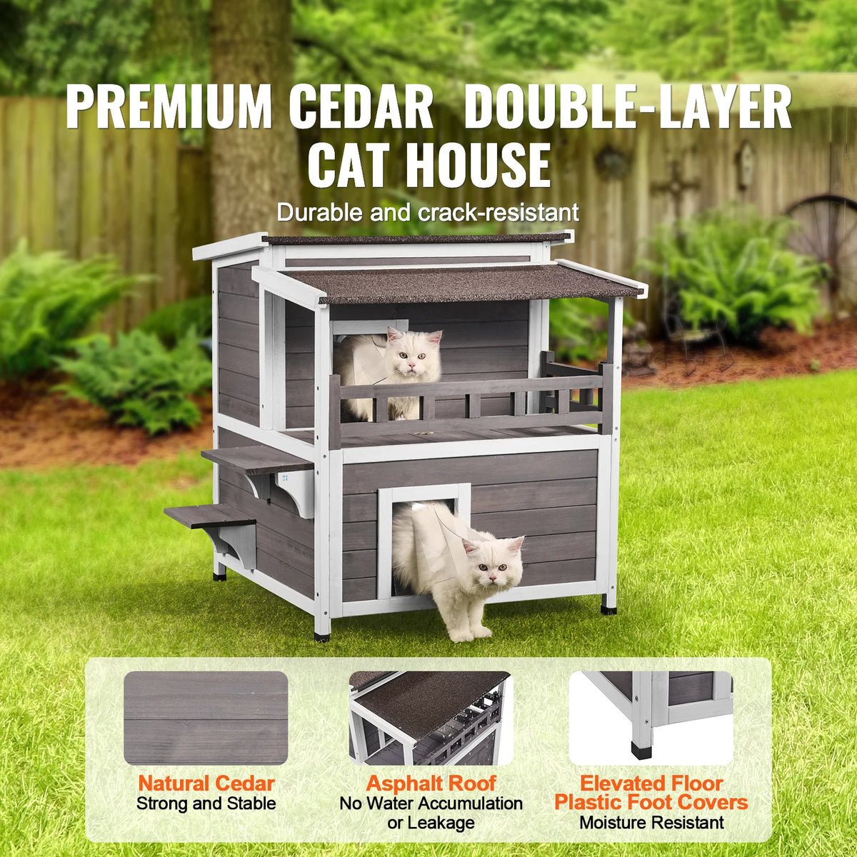VEVOR Outdoor Cat House Weatherproof Feral Cat Shelter 2-story Large Outdoor Wooden Cat House with Balcony Door and Open Roof