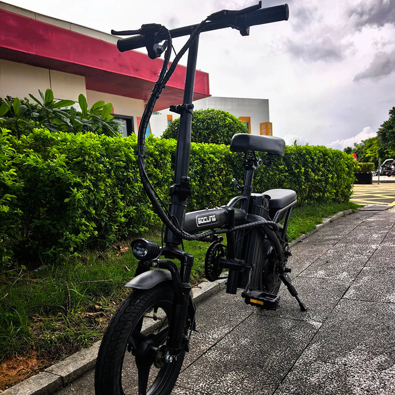 Black E-Bike, Foldable Ebike, 500W Motor, Detachable Battery,Max Load 330LBS, 19.9MPH Top Speed, 14*2 All-Terrain Tires，Bright Headlight 3-Riding Modes 6-Hour Charging Time, City Commuter Bike, Front Shock Absorptions/Full