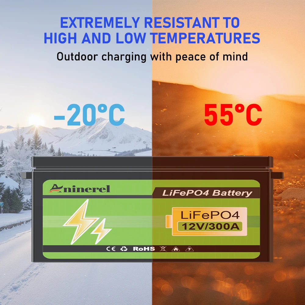 Aninerel 12V 300AH 3840Wh LiFePO4 Lithium Battery With 100A BMS Perfect for RV Golf Cart Solar Power System  Home