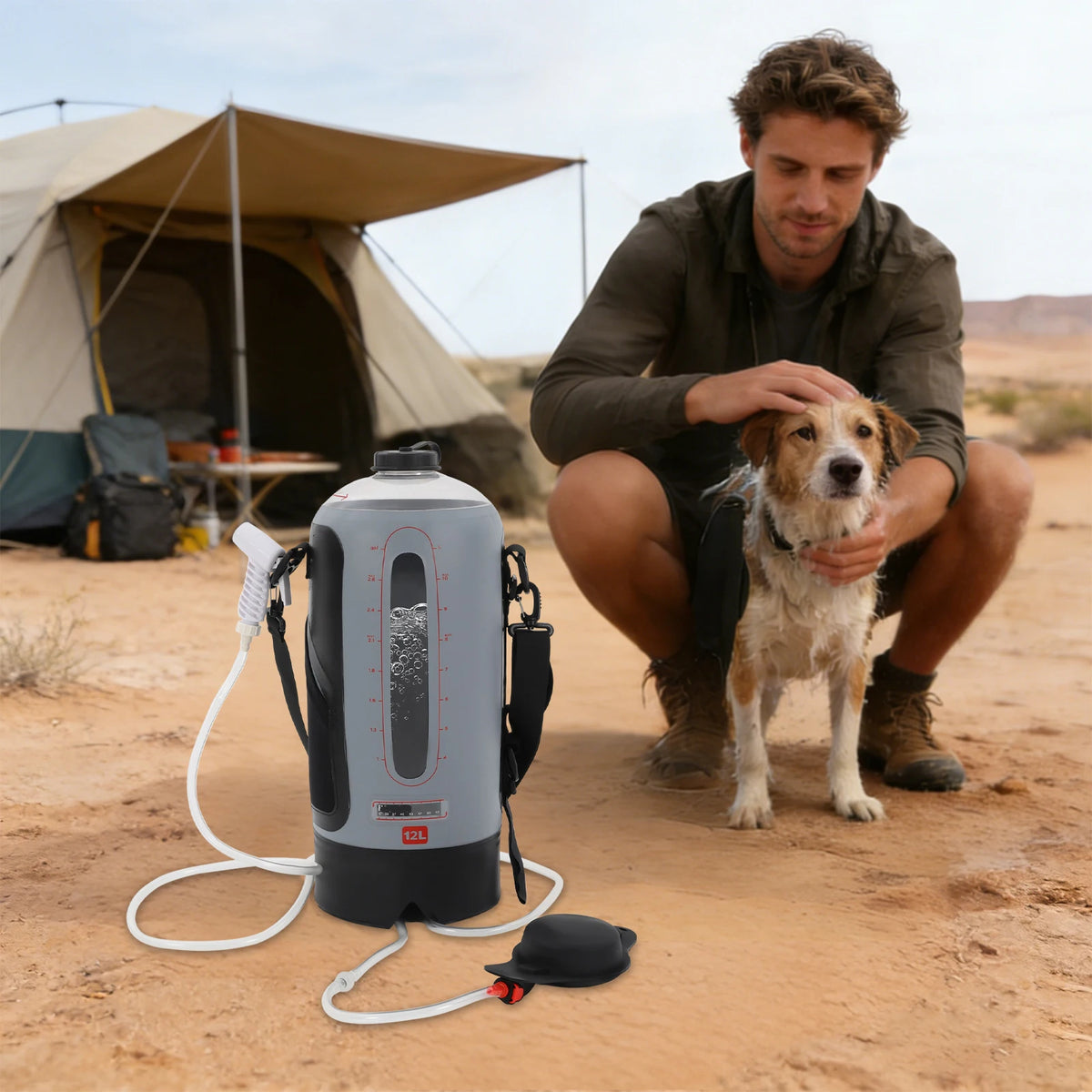 3 Gallon Solar Heating Portable Pressure Camp Shower PVC Seamless Pressurized Shower Bag Hand Air Pump 6.23ft Hose Scale Design