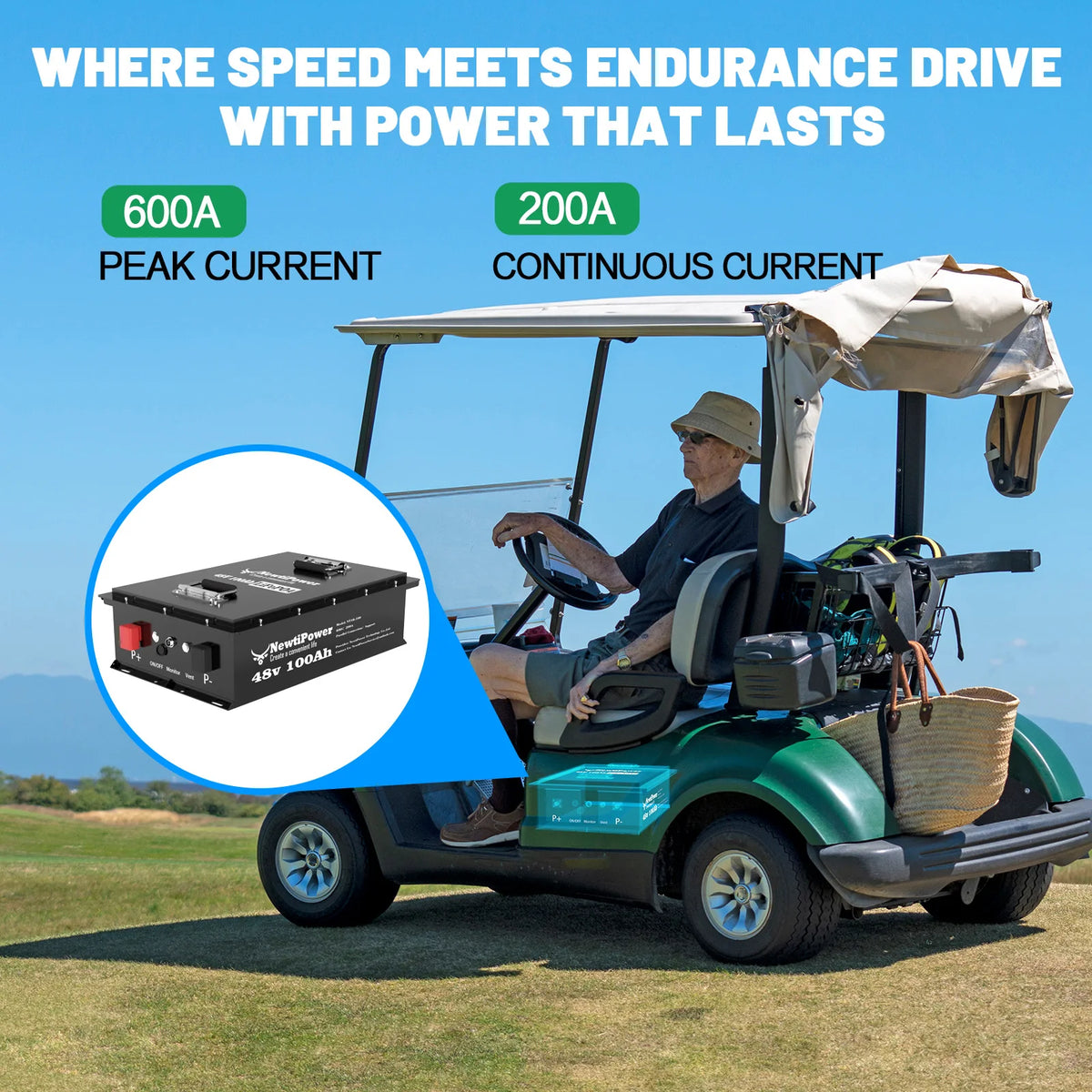 PAOWERIC Complete 48V 100Ah Lithium Golf Cart Battery System w/ 200A BMS + 58.4V Charger, Drop-In Ready for Club Car, EZGO, Yamaha, Marine & Solar Backup