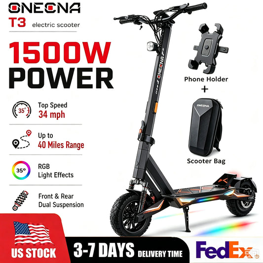 ONECNA T3PRO T3  Electric Scooter 32MPH,1500W 1000W Fast E-Scooter for Adults and Teens,10 Inch Off-Road Tires, Portable and Foldable Long Range Escooter Commuter RGB