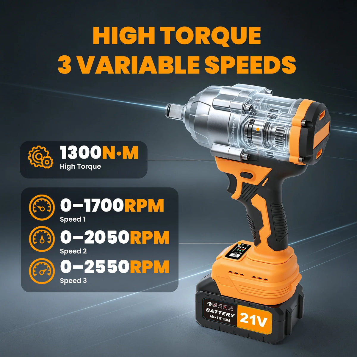 1300NM 21V 1/2" Electric Brushless Impact Wrench High Torque Tire & Suspension Removal Kit 3-Speed Control 2 x 4.0Ah Batteries Charger Lightweight Professional Power Tool