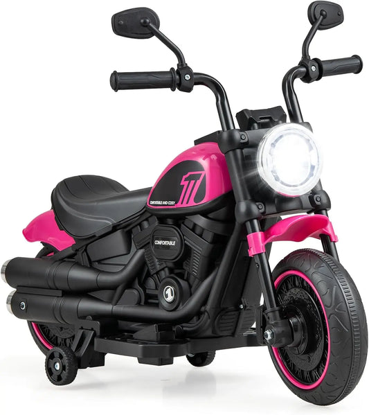 6V Electric Toddler Ride-On Motorcycle Toy with Removable Training Wheels, Soft Start, LED Headlights and Music, Battery-Powered Kids Motorbike for Boys and Girls Ages 18 Months+, Pink