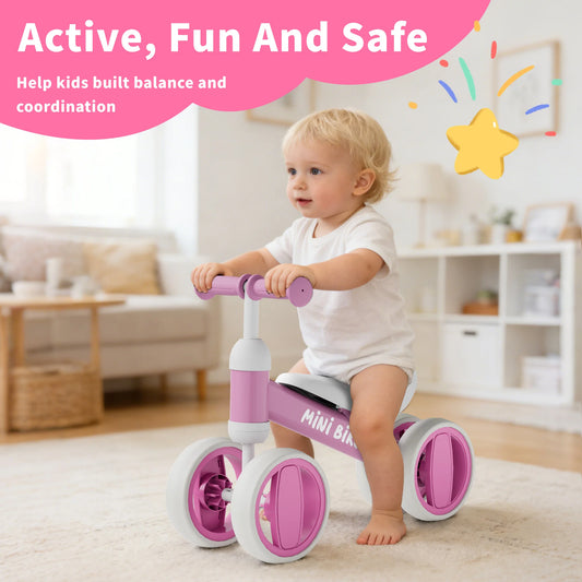 Baby Balance Bike, 4-Wheel Ride-On Toy for Ages 12-24 Months, First Bike & Toddler Bike, First Birthday Gift