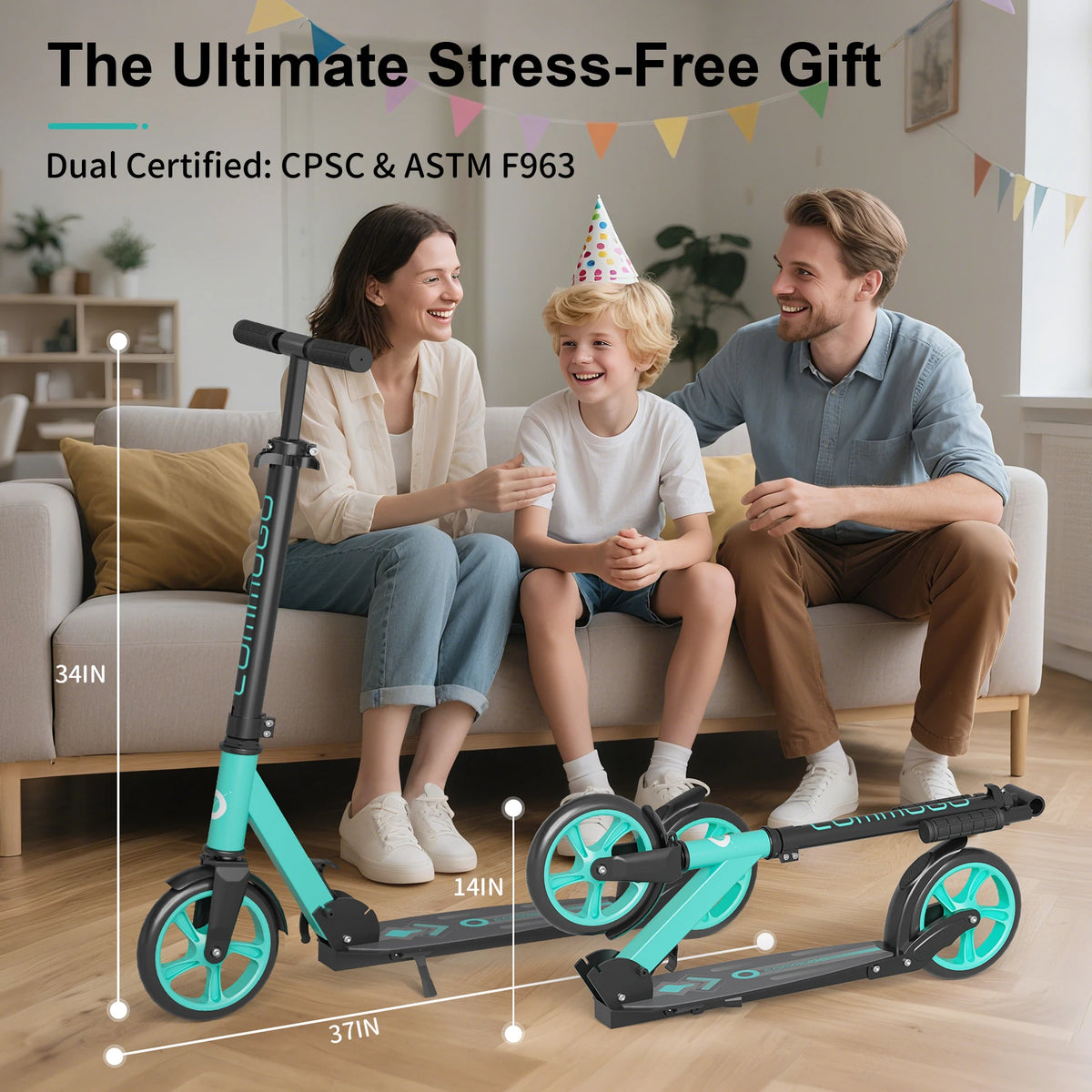 Commugo T1 Kick Scooter for Ages 6+,Kids, Teens & Adults. 4 Adjustable Levels, Foldable, Lightweight, Anti-Shock Suspension, Max Load 240 LBS