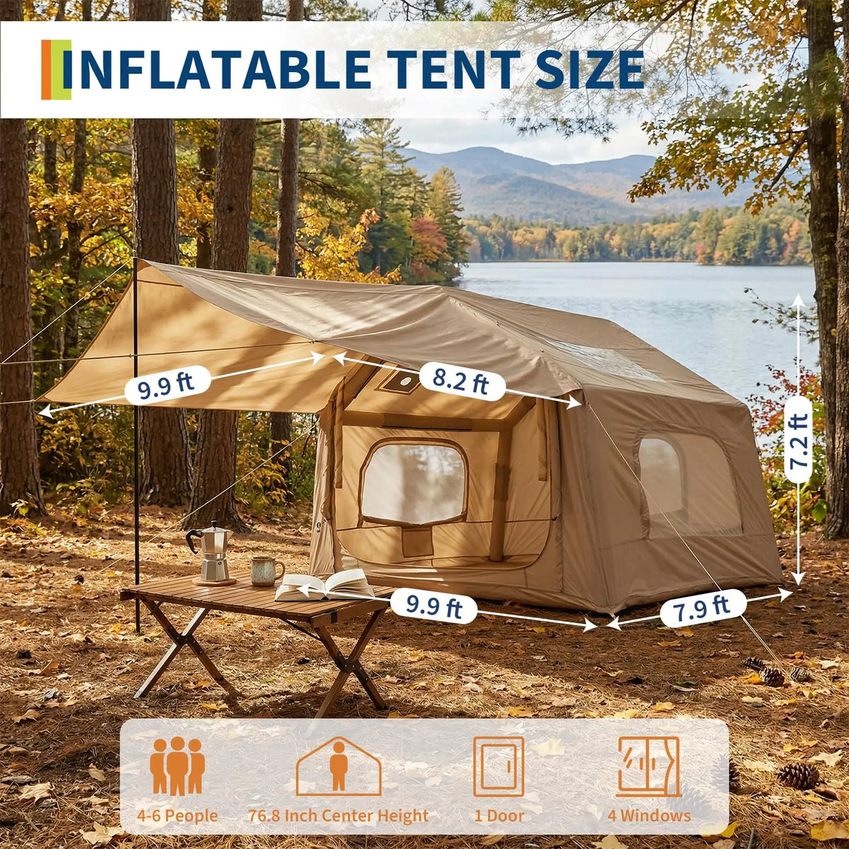 Spacious Inflatable Camping Tent for 6 People - Quick Setup with Skylight and Canopy - Durable Outdoor Shelter - Large 8 Square Size