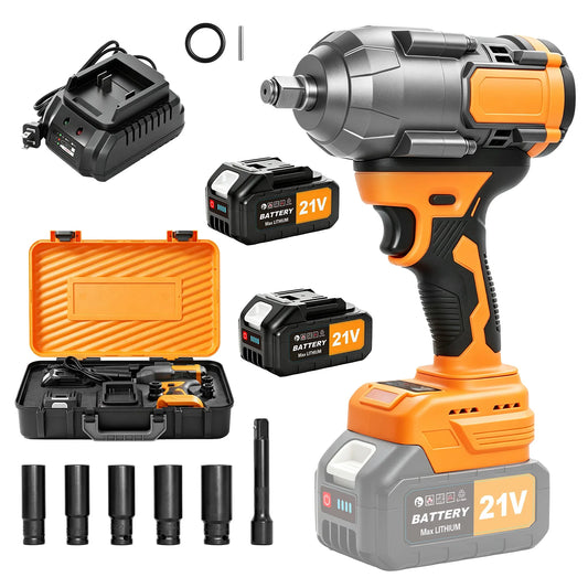 1300NM 21V 1/2" Electric Brushless Impact Wrench High Torque Tire & Suspension Removal Kit 3-Speed Control 2 x 4.0Ah Batteries Charger Lightweight Professional Power Tool