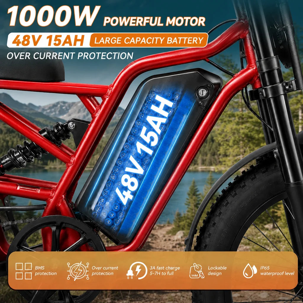 IKINGI S6pro 1000W Peak Electric Moped E-Bike | 48V 15Ah Lockable Battery, Full Suspension & 16x4" Fat Tires | 7-Speed All-Terrain Off-Road Electric Bicycle with LCD & IP65 Waterproof